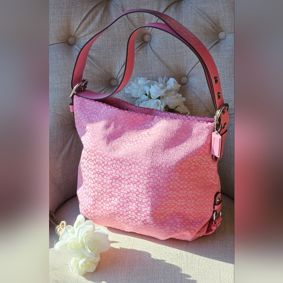 Coach Signature Jacquard Hobo Shoulder Bag Crossbody # 21041E ( Pink ) - Picture 3 of 16